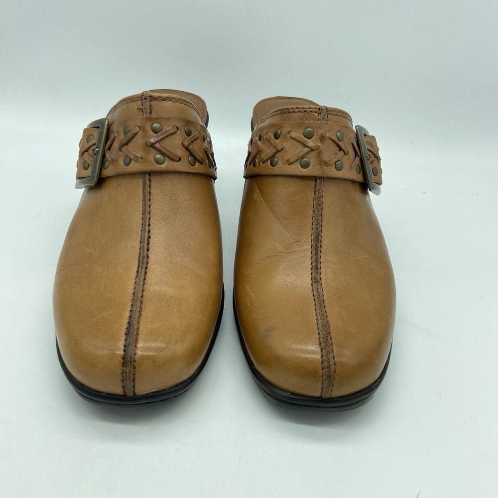 Clarks Bendables Clogs Shoes Women 7.5 Mule Brown Leather Slip On Casual Heels - Picture 3 of 16